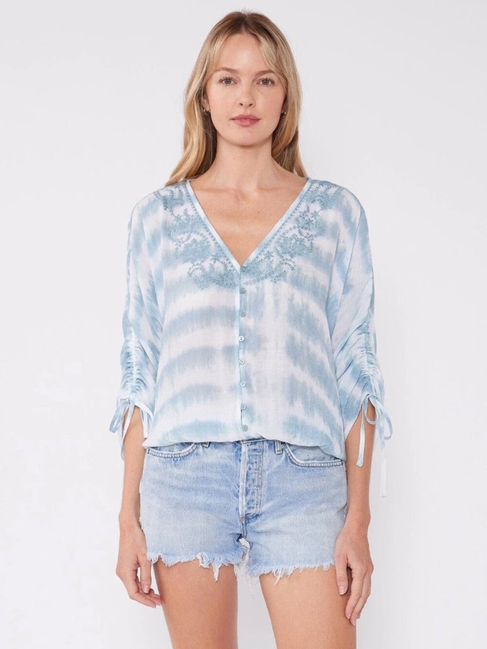 LOVESTITCH Boho-Chic Blouse V-Neck Embroidered Detail Tie-Dye White/Teal S